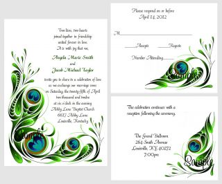 100 Personalized Custom Peacock Swirl Wedding Invitations Set