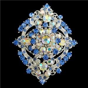 Glitzy Flower Floral Brooch Pendant Pin Blue Rhinestone Crystal