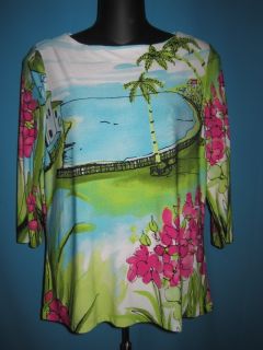 INVESTMENTS PETITE BLUE GREEN PINK TROPICAL PRINT 3 4 SLEEVE BLOUSE