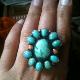 Kee Nez Native American Turquoise Coral Sterling Silver Ring