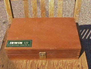 vtg 1970s irwin 13pc. auger bit set in wooden box chest #4 thru #16 w
