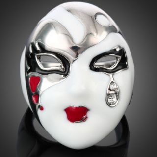 Womens White Enamel Face Red Lip Mask Shape Ring Swarovski Crystal