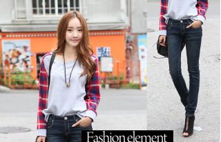 New Autumn Style Korean Round Neck Plaid Splice Loose Long Sleeve T