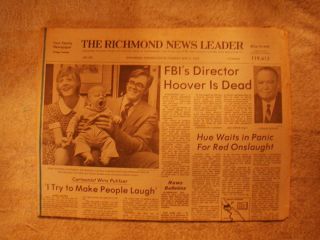 Vintage May 1972 Richmond Newspapers J Edgar Hoover Dies