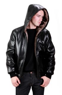 United Face Mens New Black Lambskin Leather Hooded Reversible Jacket