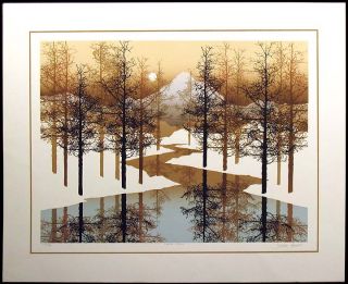 James Hagen Snow Park Signed Numbered Serigraph Trees Lake Sunset