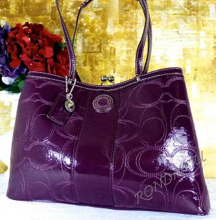 Coach Purple Berry Signature Patent Leather Tote Carryall Bag Kisslock