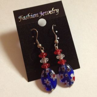  Red White Blue Millifiore Beaded Hearts Earrings With Silvertone Hooks