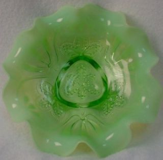 Jefferson Glass Meander Green Opalescent Carnival Fluted Footed Bowl