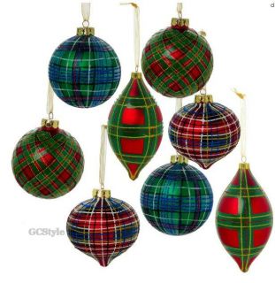 Jeffrey Banks Set of 7 Handpainted Glass Plaid Christmas Ornaments