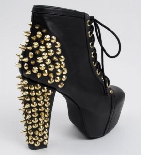 Jeffrey Campbell New Lita Gold Spike Black Leather Ankle Boots Shoes 7
