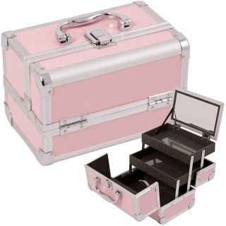 Pink Jewelry Box Makeup Train Case Cosmetic Organizer w Mirror 3 trays