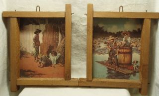Vintage Set of 2 Jim Daly Rustic Framed Prints Tom Sawyer Huck Finn