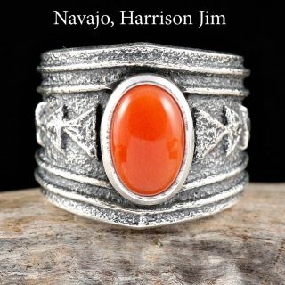 HARRISON JIM Navajo NATURAL CORAL Tufa Cast Ring HEAVY 8 5 Sterling