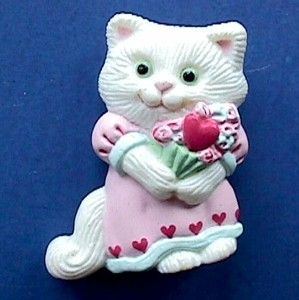  Day PIN White KITTY CAT w HEART Vintage Jewelry Holiday Lapel BROOCH