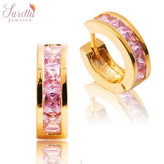 FASHION JEWELRY PINK SAPPHIRE YELLOW GOLD PLATED GP EARINGS HOOP RING