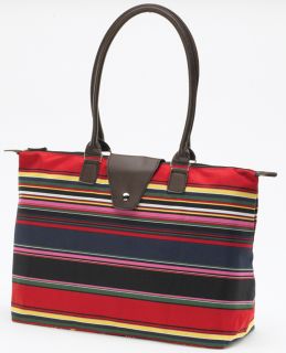 Joann Marie LG Handle Fold Up Tote Bag Red Blue Stripe