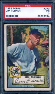 1952 Topps Baseball Jim Turner RC   Yankees #373  PSA 3(Vg) High# (SP)