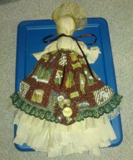 Primitive Scrap Fabric Folk Art Doll, Christmas Apron & Prairie Bonnet