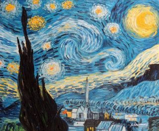 Starry Night Famous Vincent Van Gogh Repro Moonlit Town Church Oil