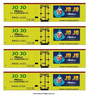 Jo Jo the Clown boxcars O scale set, printed reefer sides 4 different