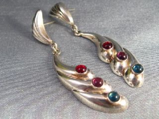 Vtg Sterling Silver Long Earrings Posts Tri Color Cabs