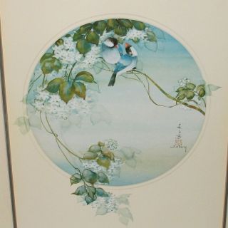 John Cheng Blue Finches in Blossom Tree Lithograph