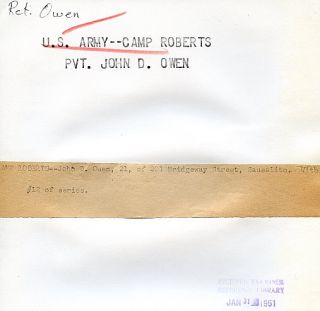 1951 Camp Roberts Private John D Owen 8x10 Official
