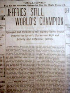 1900 Headline Newspaper James Jeffries Is Boxing Champion Defeats Jim Corbett  