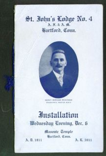 St John's Lodge Masonic Program Hartford Ct 1911  