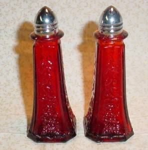 Tall Ruby Red Glass Floral Salt Pepper Shakers  