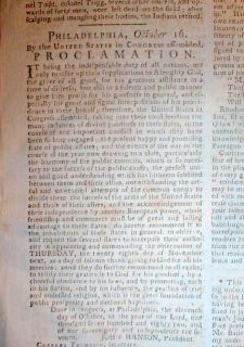 Original 1782 Phila PA Revolutionary War Newspaper Thanksgiving Day Proclamation  