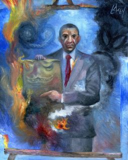 Original Obama Burning McNaughton Fine Art PARODY Tea Party Print Painting Lacey  