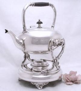 Large Stunning Silver English Tilting Tea Pot Kettle w Stand Burner 1830s  