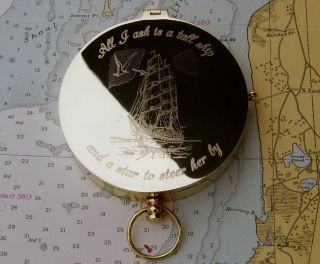 John Masefield Tall Ship Poem Engraved on Large Solid Brass Pocket Compass  