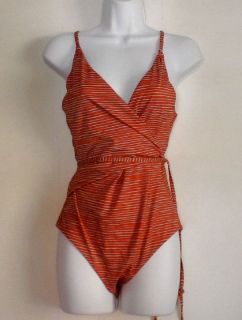 DIANE Von FURSTENBERG Chike Mini Stripe Dip Red Swim Suit Sz M NEW Wrap Swimsuit  