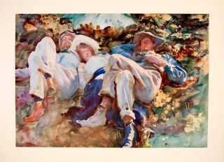 1930 Print John Singer Sargent Siesta Figures Relaxing Reclining Sleep Art Hat  