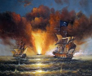 Pirate SHIP 1800s Sea Battle Ocean Seascape Painting  