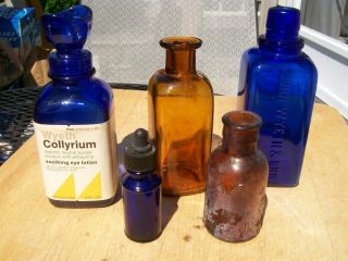3 Cobalt Blue John Wyeth Bros Bottle Lot Eye Wash Bath Cup Amber Beef Juice  
