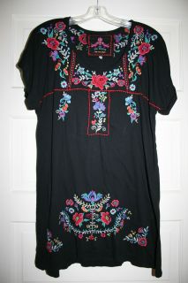 Johnny Was JWLA Black "Nanette" Peasant Style Embroidered T Shirt Tunic Wm L  