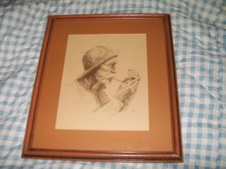 RARE Pencil Sketch Old Man with Pipe Fisherman Signed Joni Eareckson Artist  