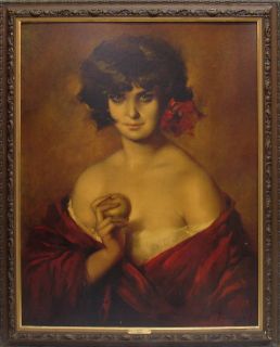VINTAGE MYSTERIOUS EVITA RED ROSE PRETTY LADY PUYET PAINTING PRINT FRAME BIG  