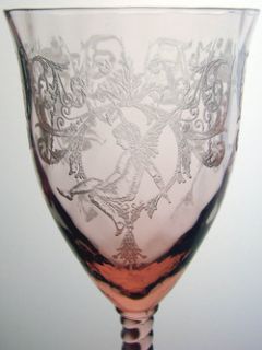 Morgan Etch Elegant Glass Water Spiral Stem 1426 Central Glass Works Pink  