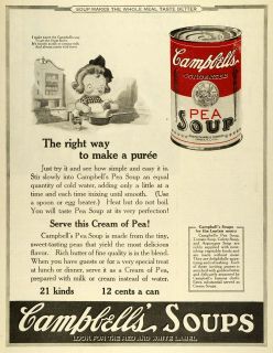 1923 Ad Joseph Campbells Souper Kid Poem Canned Pea Soup Puree Red White Label  