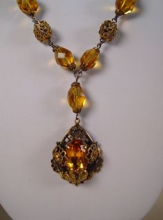 Vintage Art Deco Czech Necklace Amber Vauxhall Glass Filigree 1920s Jewelry  