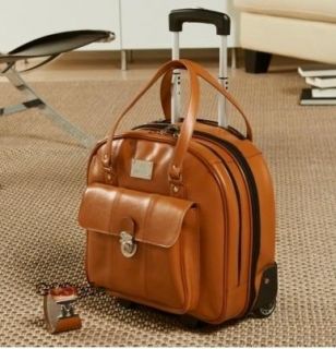Joy Mangano Leather Wheeled Roller Briefcase Laptop Overnight Bag Cognac  