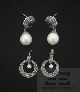 Judith Jack 2 Piece Sterling Silver Marcasite Onyx Pearl Drop Earrings Set  