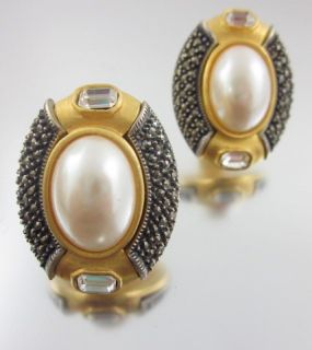 Judith Jack Gold Tone Marcasite Faux Pearl Earrings  