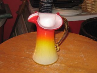 Kanawha Glass Red Yellow Cased White Pitcher with Applied Handle