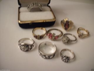 vintage new lot of 9 rings rhinestones some signed some not 3 are 925
